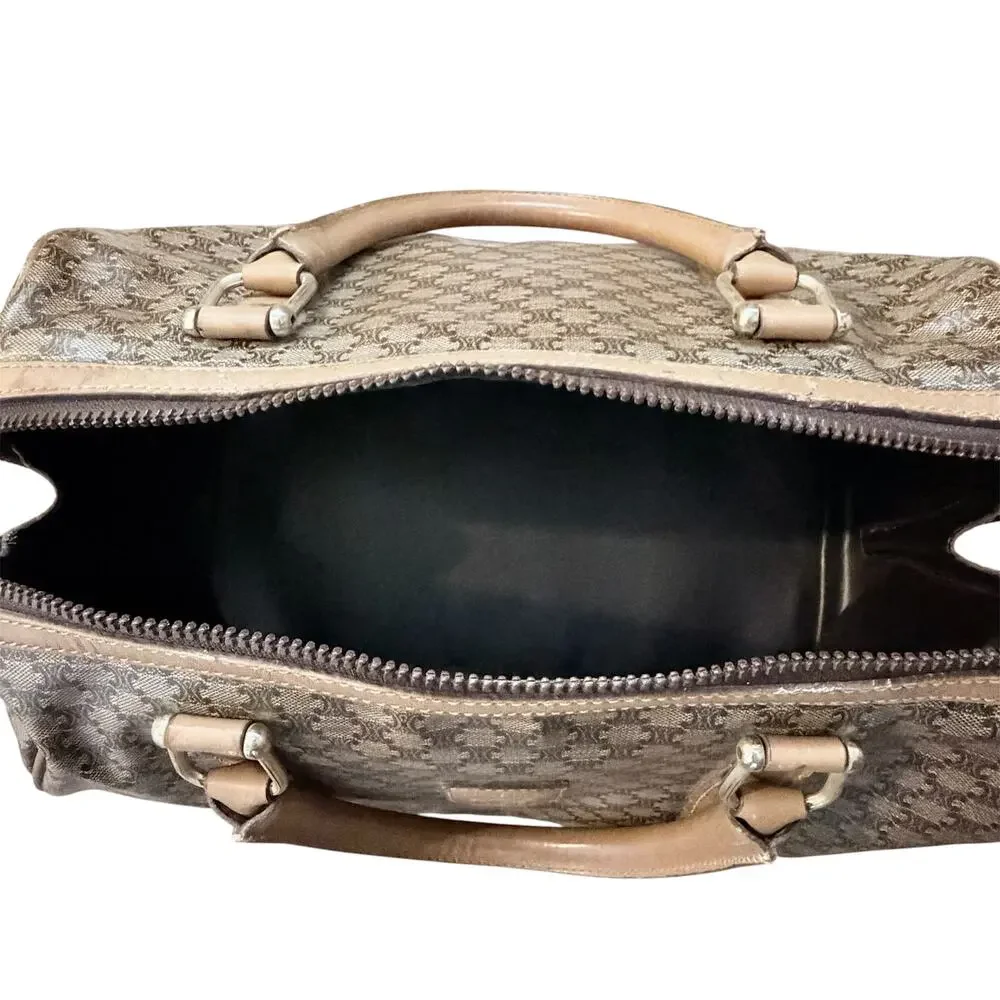 Vintage Céline Macadam Monogram Coated Canvas Boston Bag Tan Leather Trim